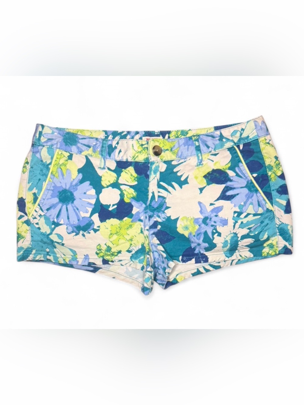 Mossimo Women’s Floral Print Denim Chino Shorts Teal Yellow Blue Size L